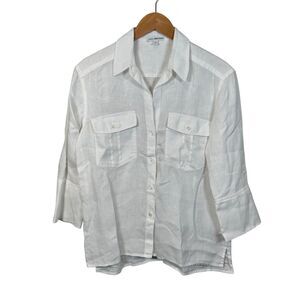 James Perse El Matador Linen Shirt Size 1 US L White ¾ Sleeve Roll Tab Button Up